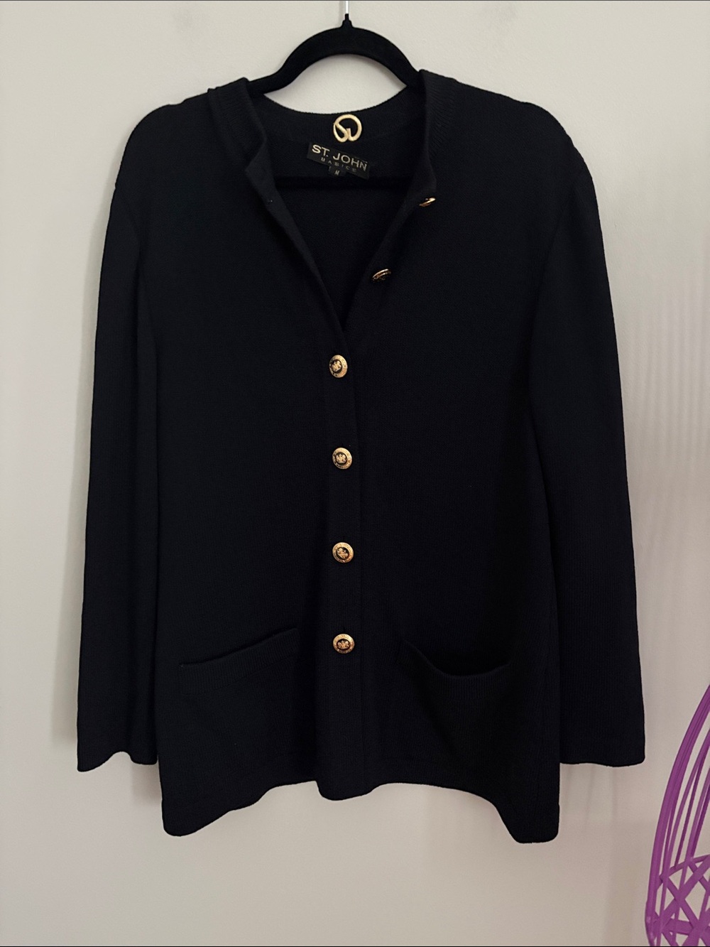 St. John Basics Black Cardigan Sweater with Gold Buttons